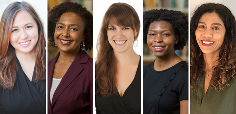 A collage of the five new faculty members: Lisa Biggs, Leila Lehnen, Ellie Pavlic, Patience Moyo, and Jennifer Navareno