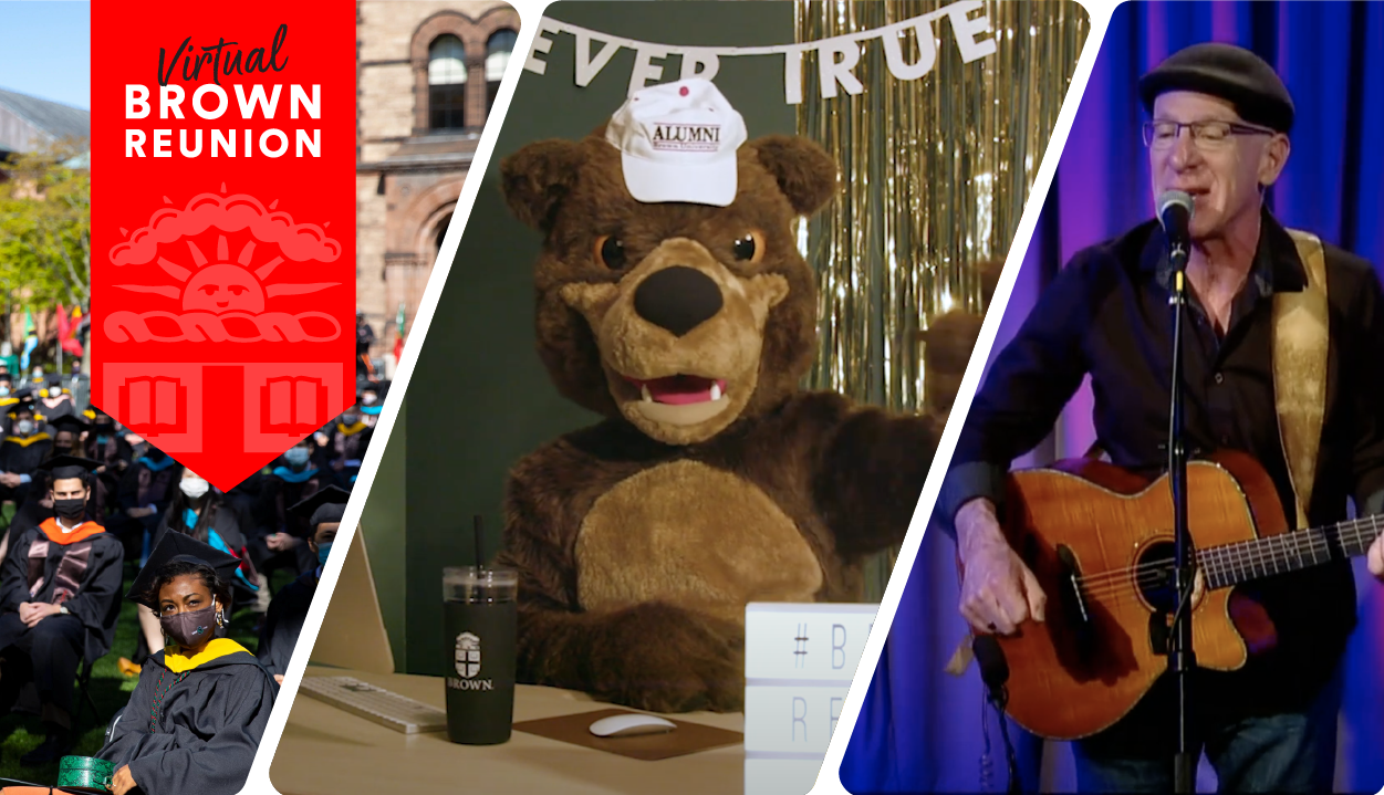 Virtual Brown Reunion banner with images of commencement, Bruno the bear, and an Dave Binder.