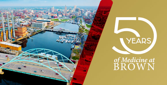 Aerial photo of Providence and the riverwalk with the 50 years of Medicine at Brown logo