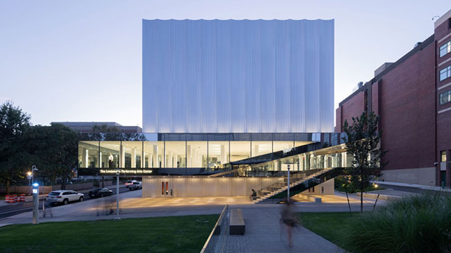 Exterior of the Lindemann Performing Arts Center at dusk