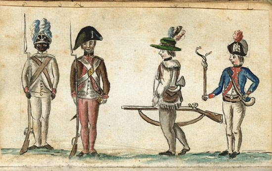“Soldiers in uniform” by Jean Baptiste Antoine de Verger (1781) from the Anne S.K. Brown Military Collection and Brown Digital Repository.