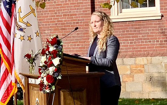 Student veteran Katie Yetter ’21.5 speaking at Brown's Veteran's Day ceremony.