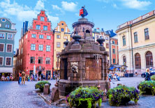 A fountain in the center of town in Sweden