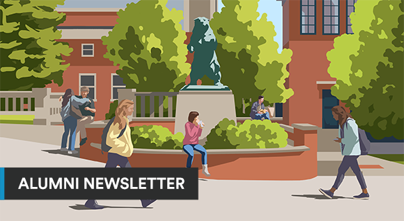 Illustration of students and faculty passing by the Bronze Bruno statue on the Main Green. Text reads 'Alumni Newsletter.'