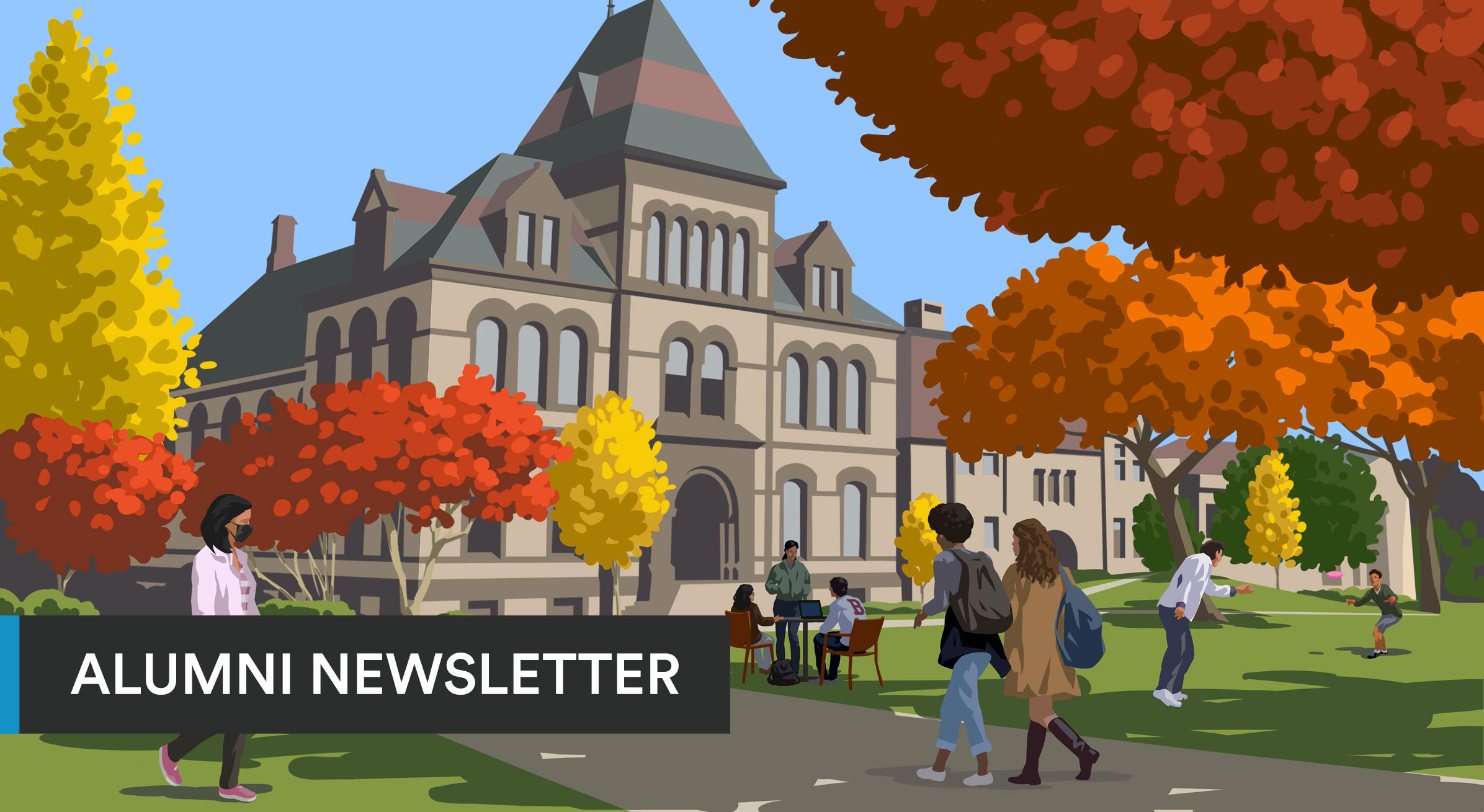 Illustration of students and faculty outdoors on the Main Green in the fall. Text reads 'Alumni Newsletter.'