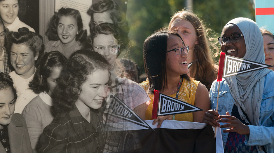 Image of four illustrated women with 130 Years of Women at Brown in an arch.