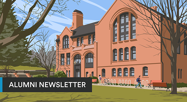 Illustration of early spring with students walking by Smith-Buonanno. Text reads 'Alumni Newsletter.'