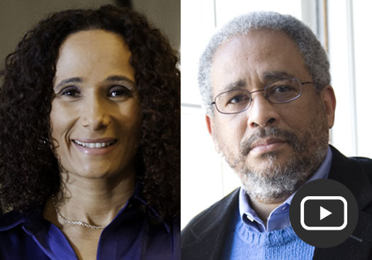 Tricia Rose and Tony Bogues headshots with play button