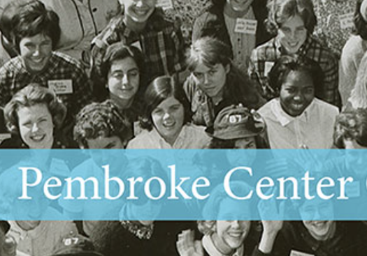 People in a black and white photo, overlayed by a blue bar saying 'Pembroke Center'