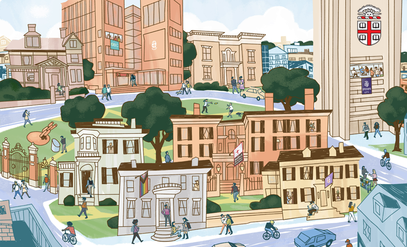 an illustration of several buildings on Brown's campus