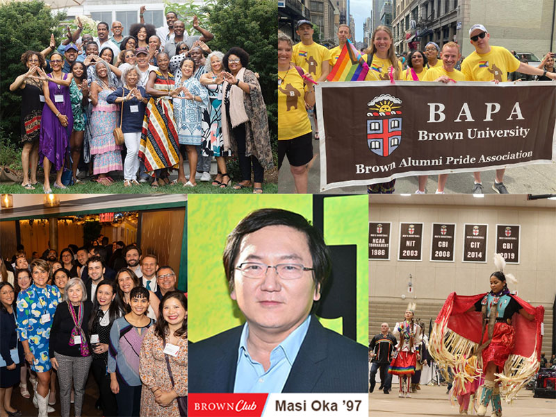 Collage of five photos, each from past affinity group event highlights showing alumni participants