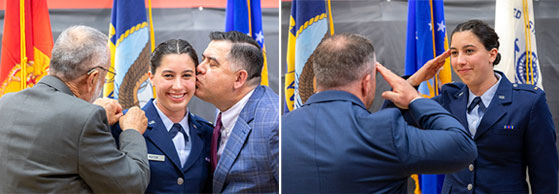 Air Force cadet Ruiter receives her stripes and a kiss from her father on the left and salutes her father and superior officer on the right