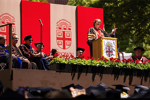 Photo of president paxson delivering commencement address