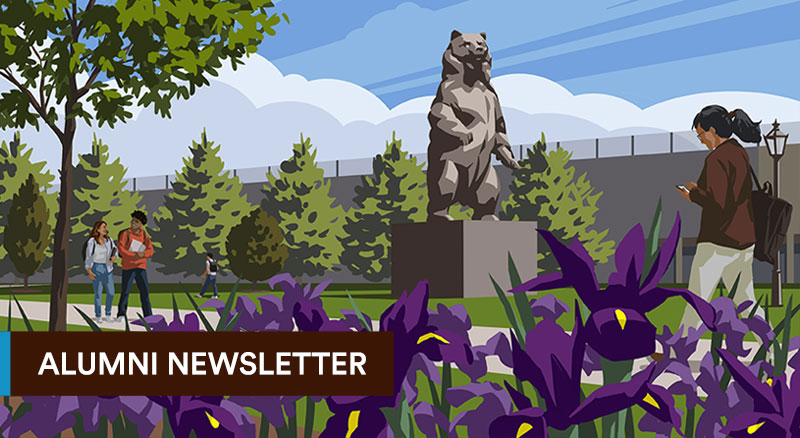 illustration of the Bruno statue on the Ittleson quad with irises in foreground and students walking along path. Text reads 'Alumni Newsletter.'