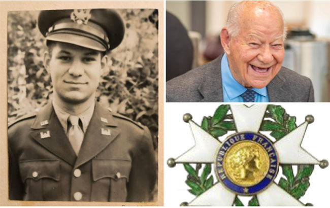 montage of Dick Grout showing him in uniform as a young soldier, smiling today, and an illustration of a French Legion of Honor medal