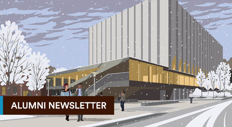 illustration of the Lindemann in winter with snowy landscape. Text reads 'Alumni Newsletter.'