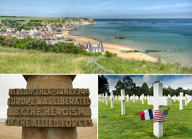 montage of images of Normandy showing aerial of beach, liberation monument, and American cemetery showing a French and an American flag with a cross